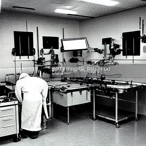 Image similar to secret underground lab where an experiment is performed on an alien body lying on a surgical table, top secret, data deleted, high detail 1 9 6 5 s