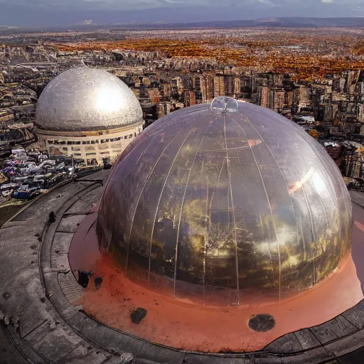 Prompt: a wide shot of a massive corroded dome surrounding a city, the bubble is orange and purple with an oil slick, sunset