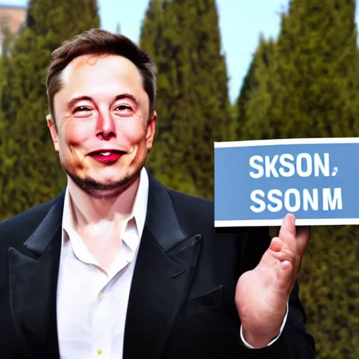 Image similar to a medium shot photograph of elon musk holding a sign with the word soon on it, 4k, ultra HD