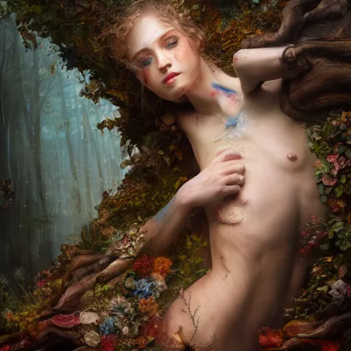Image similar to full body pose, hyperrealistic mixed media painting of beautiful wood nymph, dim volumetric lighting, 8 k, octane beautifully detailed render, extremely hyper detailed, intricate, epic composition, cinematic lighting, masterpiece, trending on artstation, very very detailed, masterpiece, stunning, hdr, smooth, sharp focus, high resolution, award, winning photo, dslr, 5 0 mm