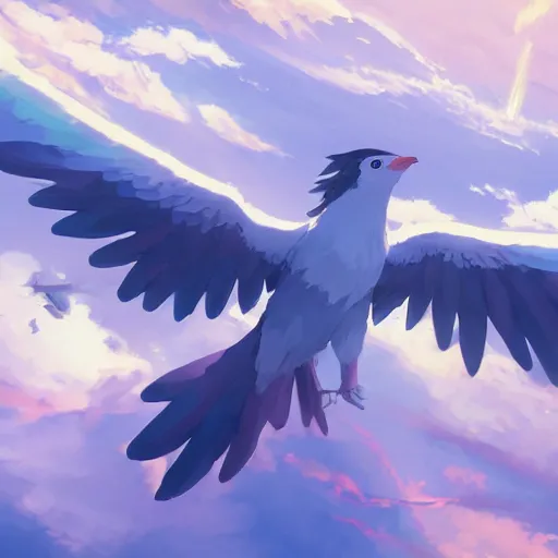 Image similar to magical bird, flying above the clouds, cgsociety masterpiece, artstation trending, by rossdraws, ghibli, kimi no na wa, greg rutkowski, simon stalberg, greg manchess