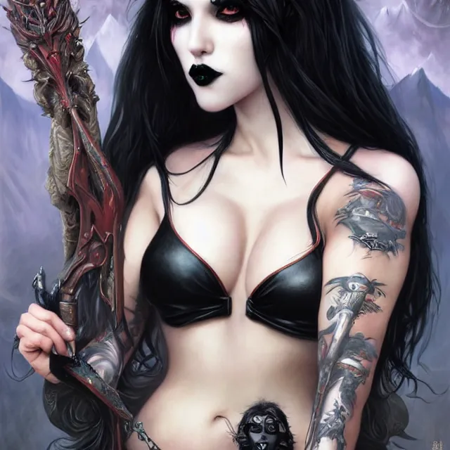 Prompt: portrait of beautiful goth girl cosplay with black hair in string bikini armor, light makeup, few tattoos, art by stanley lau and artgem and wlop and magali villeneuve and karol bak and gennady ulybin