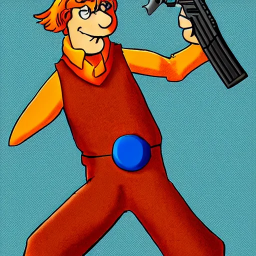 Prompt: Scooby Doo holding a gun by stephen Bliss, no text, no text, trending on artstation