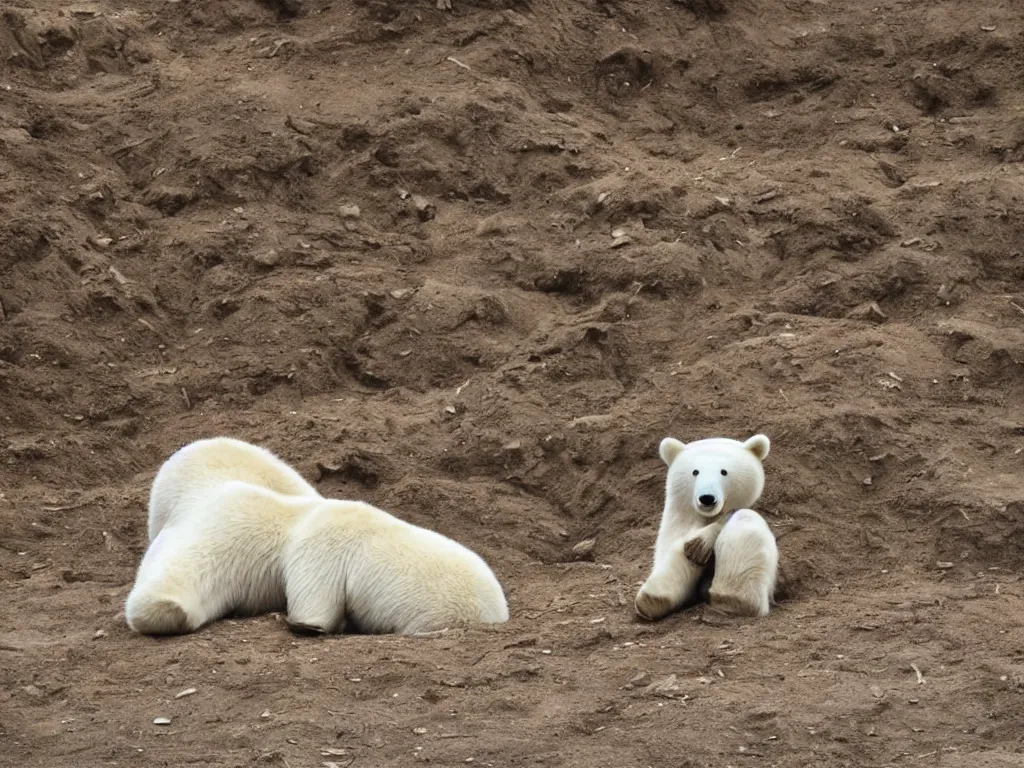 Image similar to a white bear sitting on the side of the fill looking chill