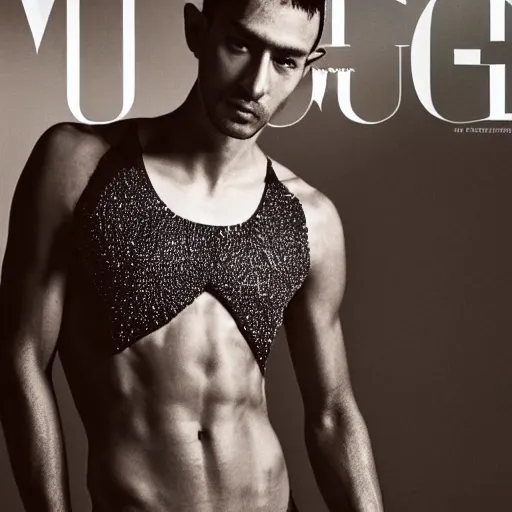 Image similar to a slim athletic beautiful mexican male wearing a iris van herpen crop top, photographed by tarsem singh for vogue magazine