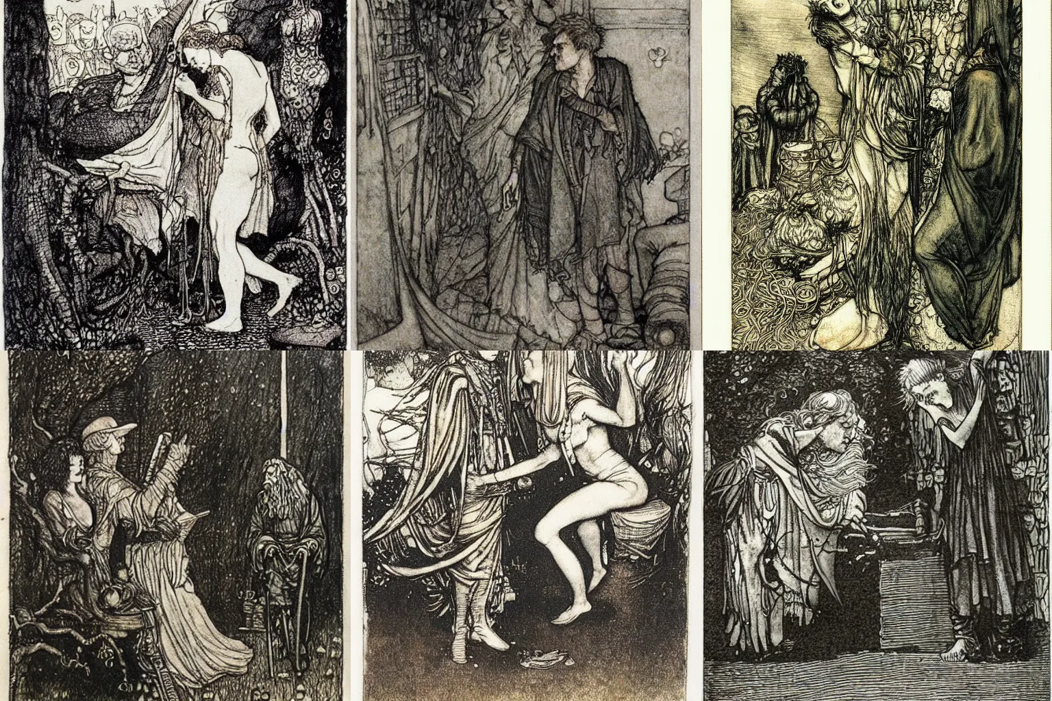 Prompt: knowledge and ignorance. copper engraving by arthur rackham and milo manara