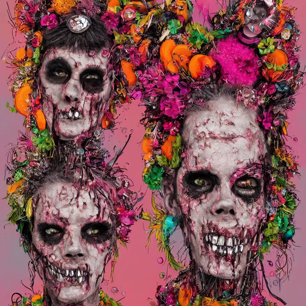 Image similar to a single portrait of a punk rock zombie, pink crystal mohawk, eyes made of gemstones, face made of fruit and flowers, Baroque style, art by Arcimboldo, hyperrealism, elegant, digital painting, neon orange background