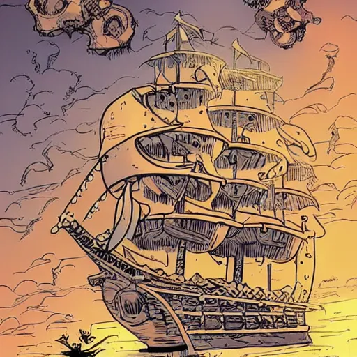 Image similar to treasure map adventures : : 1, large pirate ship, mike mignola style, comics, beautiful composition, wide angle, colorful, cinematic, volumetric lighting, intricate details