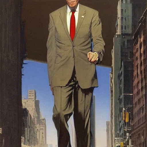 Image similar to immense, majestic joe biden striding through the streets of art deco city, perfectly clear face, by j. c. leyendecker and beksinski