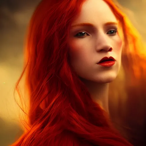 Image similar to majestic gracious regal aristocratic female red haired vampire portrait, atmospheric lighting, painted, curvy, menacing, intricate, volumetric lighting, beautiful, rich deep colours masterpiece, golden hour, sharp focus, ultra detailed, by leesha hannigan, ross tran, thierry doizon, kai carpenter, ignacio fernandez rios