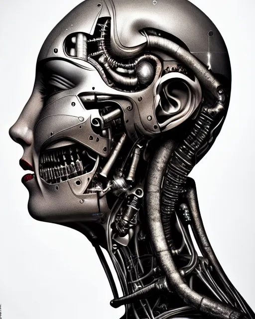 Image similar to a female cyborg profile face, by h. r. giger, by kiki smith, glamor shot, nikon d 7 5 0, closeup, f / 2. 8, low contrast, 1 6 k, rim lighting, cinematic lighting, insanely detailed and intricate, hypermaximalist, elegant, ornate, hyper realistic, super detailed