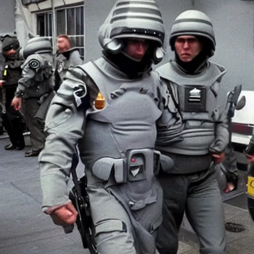 Image similar to extraterrestrial zeta reticulan grey alien, being arrested by spetsnaz