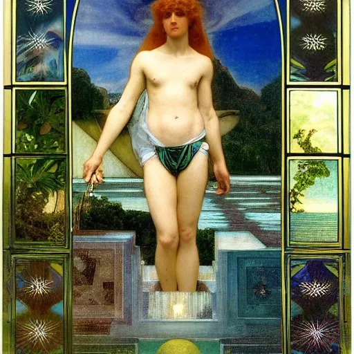 Image similar to The maze, refracted sparkles, thunderstorm, greek pool, beach and Tropical vegetation on the background major arcana sky, by paul delaroche, alphonse mucha and arnold böcklin, hyperrealistic symmetrical 8k, award-winning, very very very detailed