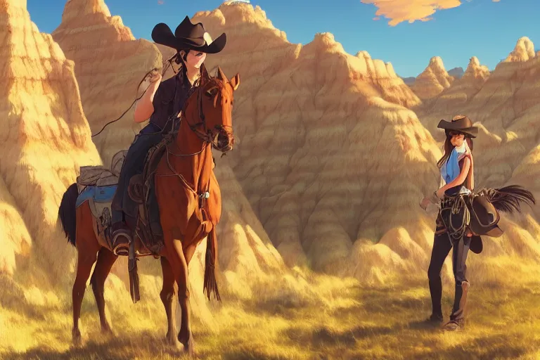 Image similar to western cowgirl in the badlands, single subject, scenic full shot, ambient lighting, detailed face, by makoto shinkai, stanley artgerm lau, wlop, rossdraws