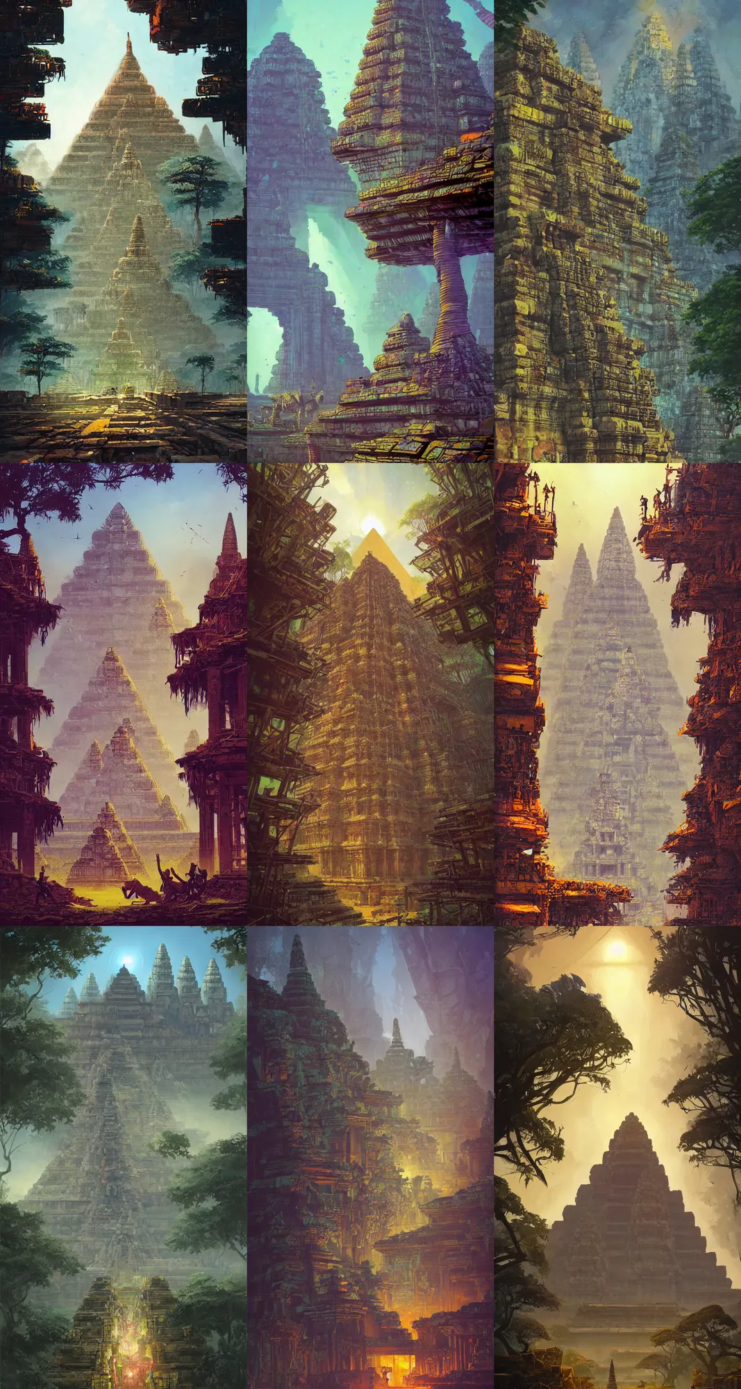 Prompt: cyberpunk angkor wat pyramids of giza, in the forest, huge construction robots, extreme angle by paul lehr and jesper ejsing