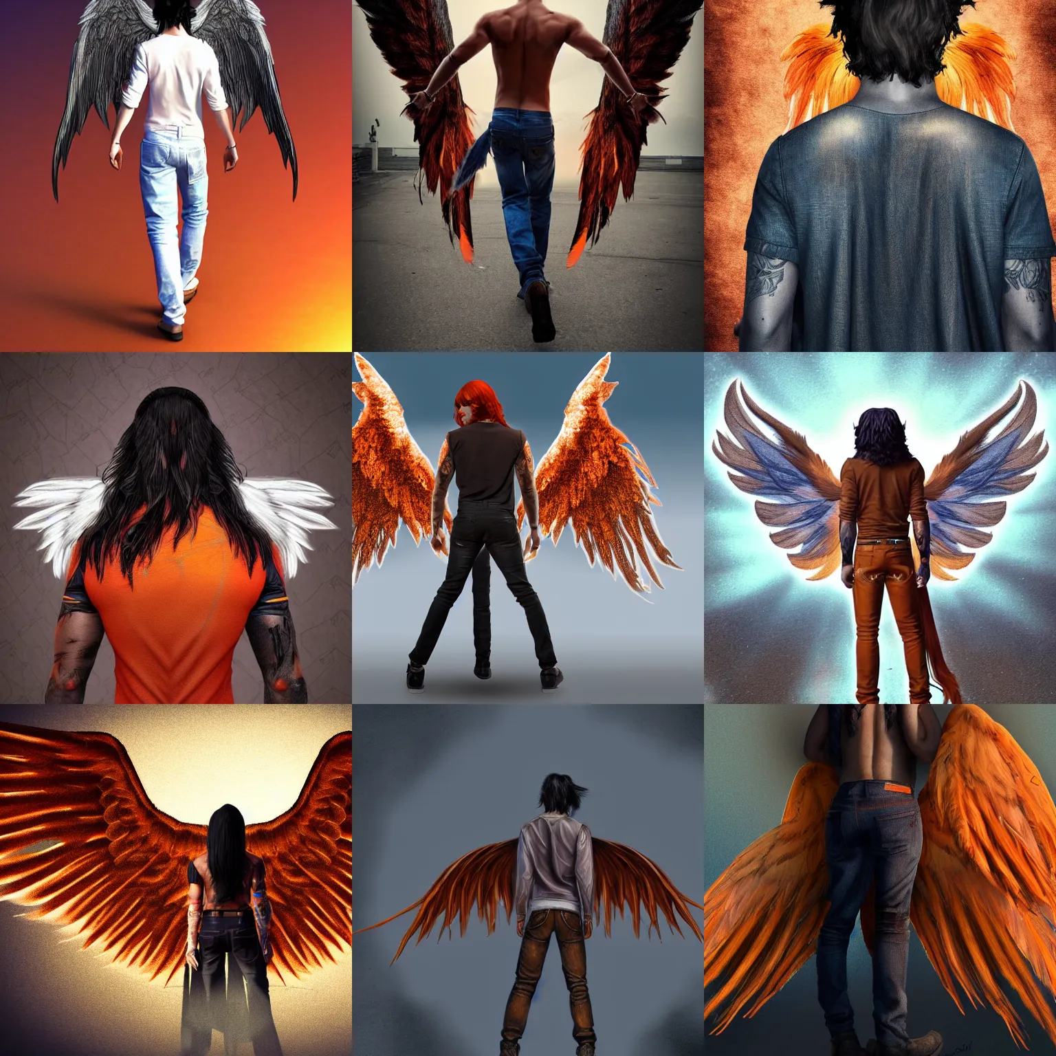 Prompt: male angel avan jogia with large wings. View from the back. Orange feathers, jeans, brown skin, long black hair. Distant full body shot. detailed urban fantasy digital art, trending on artstation