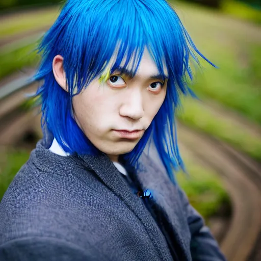 Image similar to rimuru tempest, young man blue hair ( ( ( ( ( ( ( ( ( ( eyes yellow ) ) ) ) ) ) ) ) ) ), canon eos r 3, f / 1. 4, iso 2 0 0, 1 / 1 6 0 s, 8 k, raw, unedited, symmetrical balance, in - frame