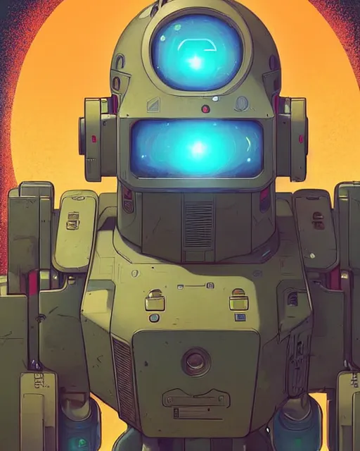 Image similar to bastion the friendly robot from overwatch, with his pet bird, character portrait, portrait, close up, concept art, intricate details, highly detailed, vintage sci - fi poster, retro future, vintage sci - fi art, in the style of chris foss, rodger dean, moebius, michael whelan, katsuhiro otomo, and gustave dore