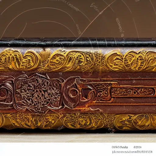 Image similar to a closeup of a closed book sitting on a desk, the cover is ornately carved leather, beside the book is an ancient scroll, dark, single light, vignette, magic, fantasy