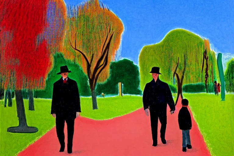 Image similar to a very tall man named John with dark hair holding the hands of a short young boy named Alex with dark hair as they walk in a park on a bright beautiful colorful winter day. part in the style of an edgar degas painting. part in the style of david hockney