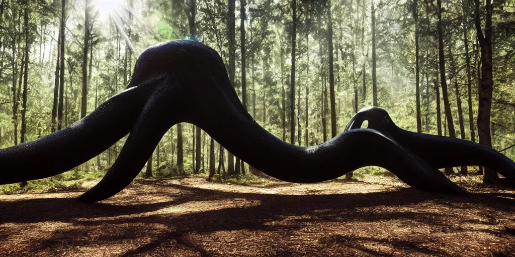 Image similar to a giant black octopus in the middle of a forest, winding around trees, beautiful ambient light, sun rays hitting the slightly transparent creature, 8k photography