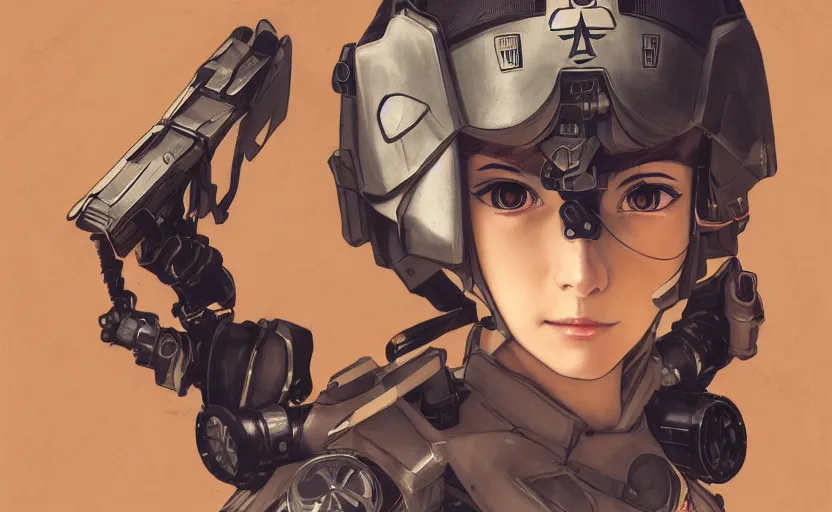 Prompt: mechanized valkyrie girl, anime style, airforce gear, vintage clothing, smoking gun barrel, short hair, hair down, symmetrical facial features, from arknights, hyper realistic, 4 k, rule of thirds, extreme detail, detailed drawing, trending artstation, hd, d & d, realistic lighting, by alphonse mucha, greg rutkowski