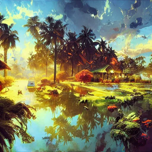 Prompt: Paradise, hyperrealism, no blur, 4k resolution, ultra detailed, style of John Berkey, Hans Thoma, Anato Finnstark