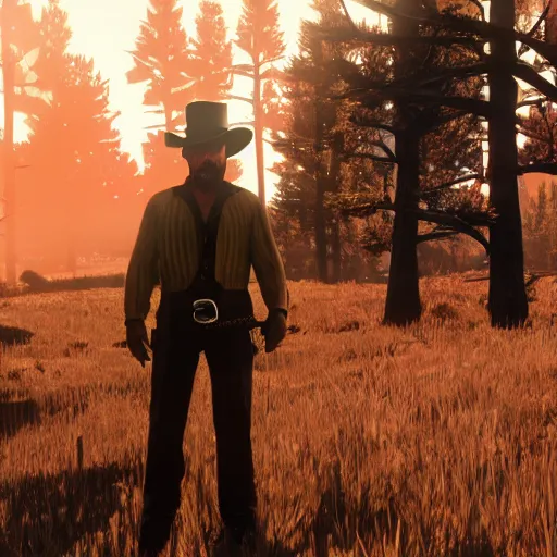 Prompt: Walter White as a character in Red Dead Redemption 2, forest during sunset, realistic screenshot