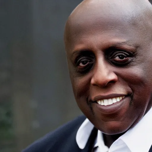 Prompt: a photo of a house burning down in the background and bill duke with an eerie expression in the foreground, strong depth of field