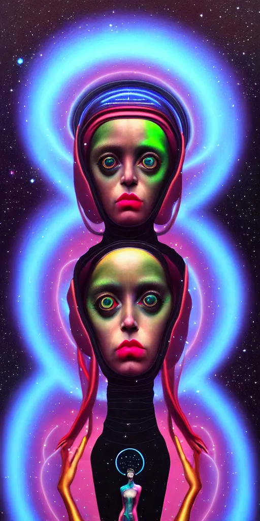 Image similar to patron saint of 🛸🌈👩🏾, futuristic gothic clothing, warped space, gravity, nebula, black hole, aries constellation, multiverse, neon god of city character portrait, in the style of margaret keane, moebius, tom bagshaw, and waterhouse, cinematic lighting, beautiful, elegant, oil painting,