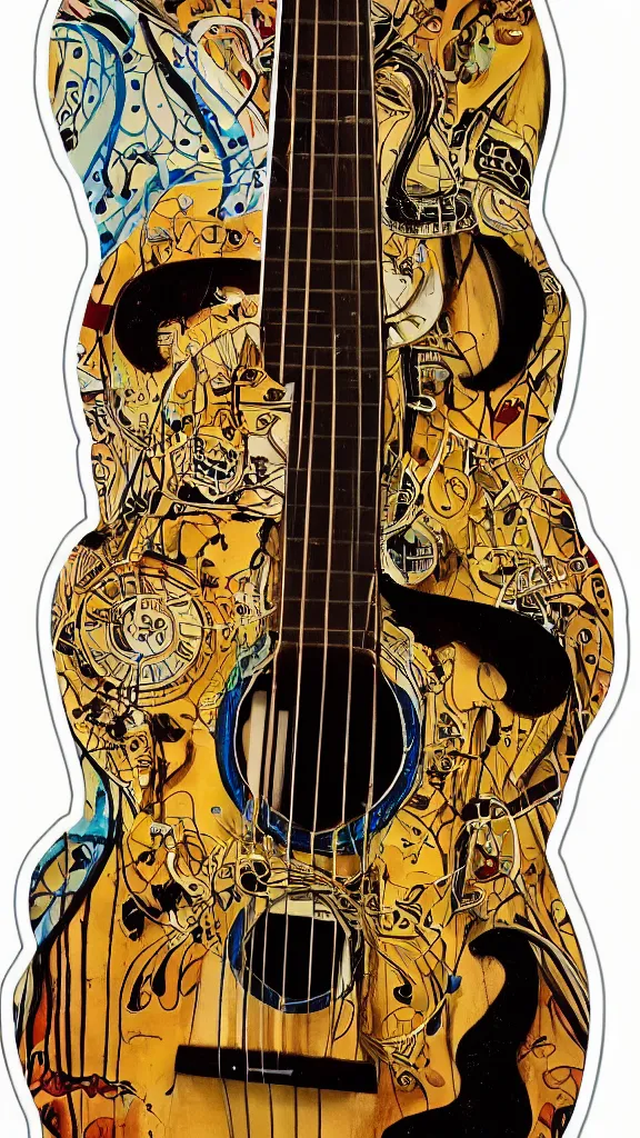 Prompt: an acoustic guitar, the body of the guitar is a Salvador Dali butterfly, the hole on the guitar is a melting clock, the fret is made from Salvador Dali drawers, the head of the guitar is made of Salvador Dali elephants with the long legs becoming 6 guitar strings, the tuning pegs are the elephants trunks, sticker art