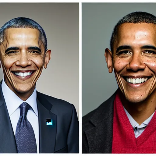 Image similar to A portrait Obama teams up with a teenage Obama, perfect faces, 50 mm, award winning photography