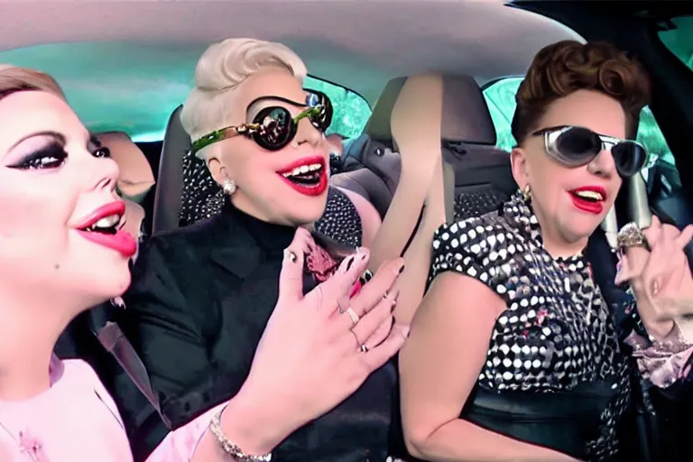 Image similar to lady gaga and judy garland doing carpool karaoke, lady gaga and judy garland, carpool karaoke, lady gaga, judy garland, carpool karaoke, youtube video screenshot, the late late show with james corden