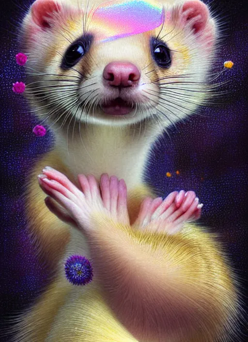 Prompt: hyper detailed 3d render like a Oil painting - kawaii portrait Aurora (blonde calico Sable Ferret) seen Eating of the Strangling network of yellowcake aerochrome and milky Fruit and Her delicate Hands hold of gossamer polyp blossoms bring iridescent fungal flowers whose spores black the foolish stars by Jacek Yerka, Mariusz Lewandowski, Houdini algorithmic generative render, Abstract brush strokes, Masterpiece, Edward Hopper and James Gilleard, Zdzislaw Beksinski, Mark Ryden, Wolfgang Lettl, hints of Yayoi Kasuma, octane render, 8k