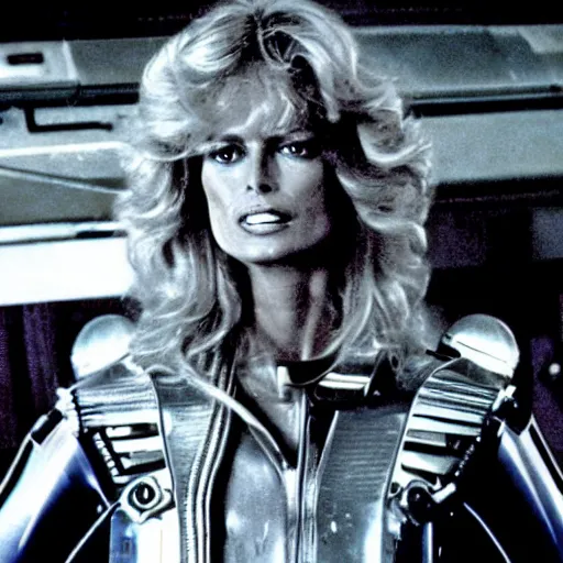 Image similar to movie still, 1 9 8 0 s, sci - fi farrah fawcett in combat suit, hyperdetailed, by ridley scott, john carpenter and vittorio storaro, blue lights