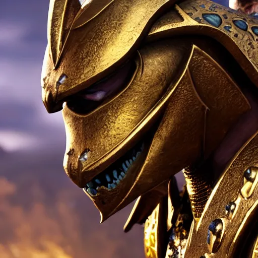 Image similar to 8k unreal engine render of a dragonborn paladin with golden scales from dungeons and dragons, fierce, symmetrical face, holy sword in his hands, gleaming armor, ancient persian city, insanely detailed, depth of field unreal engine ultra-wide angle lens, volumetric lighting, vivid color