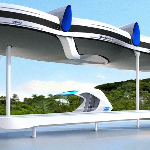 Prompt: futuristic designs for a monorail with helicopter blades. design. utopia. future. eco friendly