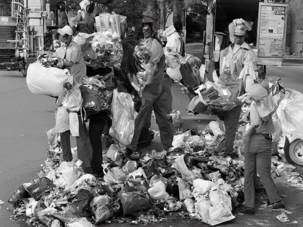 Prompt: a kind garbage collector gifting trash to people, award-winning, 1980 vintage photo, portrait, highly detailed