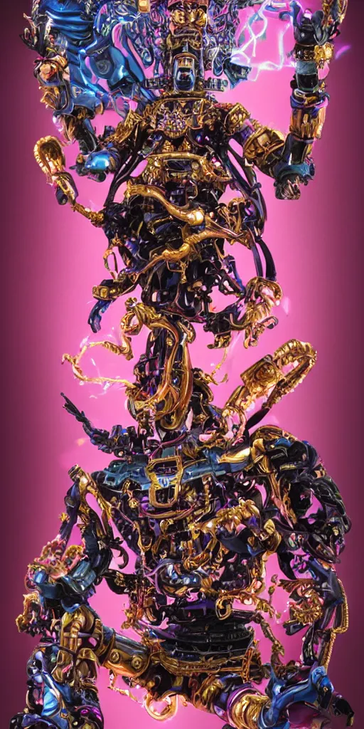 Image similar to baroque and cyberpunk style full-body sculpture of a young seductive Hispanic prince half android with a chest exposing a glowing ruby battery, glowing pink seductive laser eyes, crown of blue gears and diamonds, swirling salmon-colored silk fabric, robotic raptors dinosaurs. baroque elements. full-length view. intricate artwork by caravaggio. art by Artgerm and Greg Rutkowski and Alphonse Mucha, Trending on artstation, cinematic industrial lighting, photorealistic, octane render, 8k, depth of field, 3D