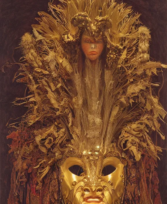 Prompt: a painting of a dramatically - lit museum photo of a powerful, detailed, intricate masquerade mask, made from corn, gourds, and wheat, representing aspects of the harvest, by michael whelan and donato giancola and alphonse mucha and john william waterhouse