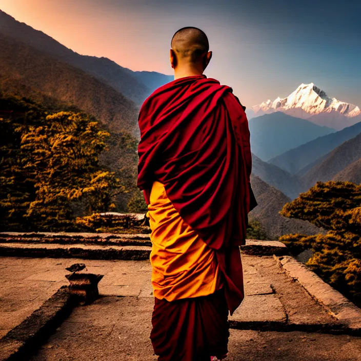 Prompt: fashion editorial of buddhist monk in nepal temple, monastery, portrait, moutain, landscape, sunset, photography, very beautiful, highly detailed, intricate