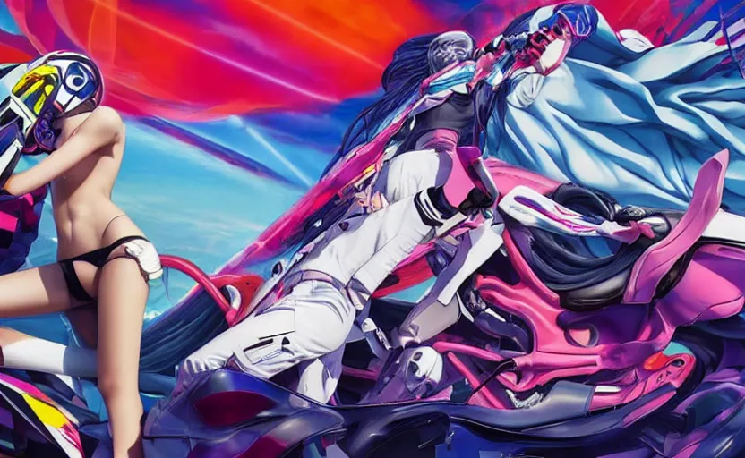 Image similar to billboard advertisement with an extremely beautiful photo of a white marble statue of an anime girl with colorful motocross logos and motorcycle helmet with closed visor, colorful smoke in the background, carved marble statue, fine art, neon genesis evangelion, virgil abloh, offwhite, denoise, highly detailed, 8 k, hyperreal