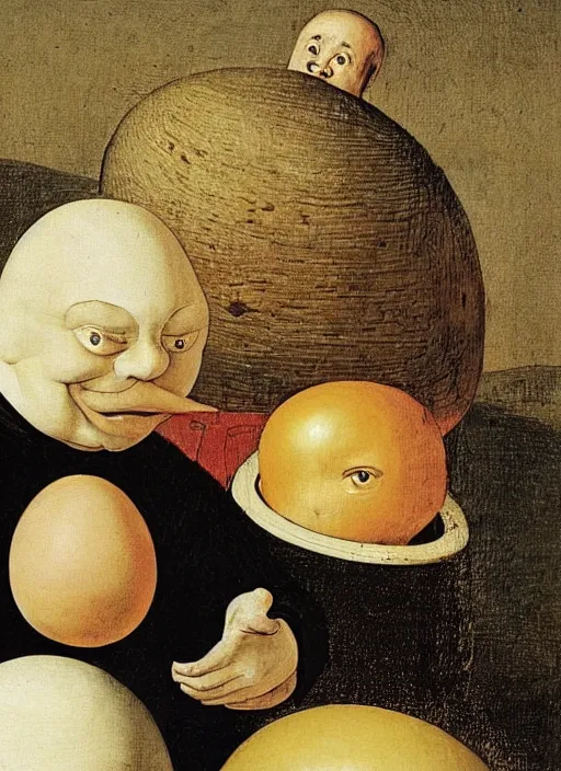 Image similar to an egg, round humpty dumpty with a jack black facial expression, realistic, by hieronymus bosch and pieter brueghel