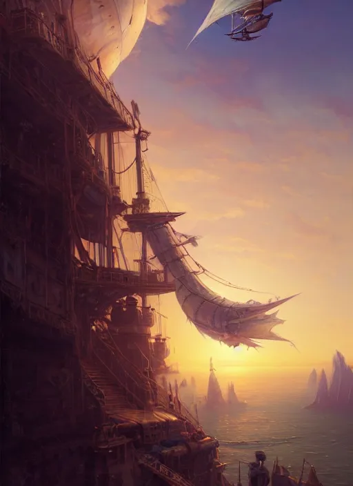 Prompt: portrait painting of a handsome rugged long hair crimson hair male pirate, top half portrait soft hair steampunk ornate zeppelin blimp airship in the background sky sunset golden hour art by raphael lacoste and stephan martiniere greg rutkowski gaston bussiere fantasy soft hair trending on artstation deviantart book cover art dramatic volumetric lighting, 4 k, award winning