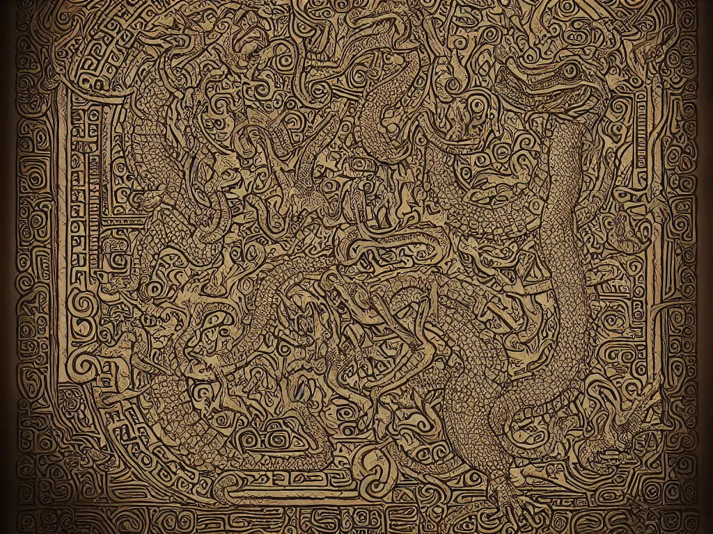 Image similar to mayan book decorative border frame on a white background, crocodile reptilian motifs, d & d, fantasy, intricate, elegant, highly detailed, digital painting, artstation, illustration, hearthstone