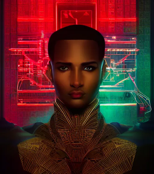 Image similar to symmetry!! egyptian prince of technology, solid cube of light, hard edges, product render retro - futuristic poster scifi, lasers and neon circuits, brown skin man egyptian prince, intricate, elegant, highly detailed, digital painting, artstation, concept art, smooth, sharp focus, illustration, dreamlike, art by artgerm