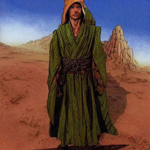 Prompt: Kethlan the elven desert bandit. Robes and turban. Realistic portrait by james gurney and mœbius.