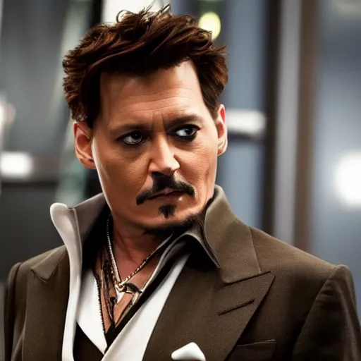 Image similar to Johnny Depp as Tony Stark, still from Marvel movie