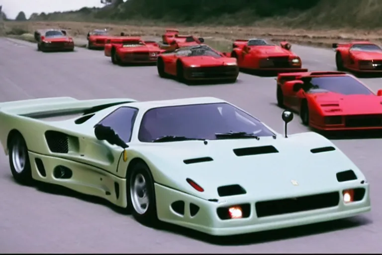 Prompt: vintage archival race footage of a single 1995 Ferrari F40, with elements of the De Tomaso Pantera, Lotus, GT40, BMW M1, and Countach, movie still, speed, cinematic Panavision 5384 film