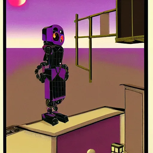 Image similar to a fullmetal wired robot is reading the forbidden intimate diary of sophia aeon, the background is the purple sunset over santiago of chile, hanafuda oil on canvas by dave mckean